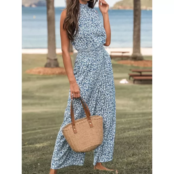 imageCUPSHE Womens Mock Neck Floral Print Long Romper Sleeveless Straight Leg Maxi JumpsuitBlue Floral