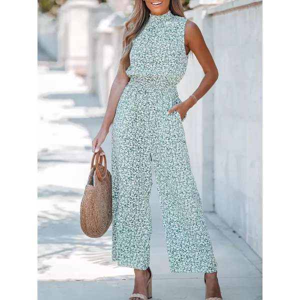 imageCUPSHE Womens Mock Neck Floral Print Long Romper Sleeveless Straight Leg Maxi JumpsuitGreen Floral
