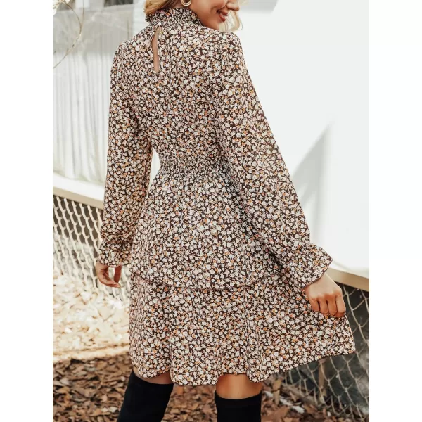 imageCUPSHE Womens Mock Neck Mini Dresses Ruffle Sleeves Fall Floral Print FlowyingBrown