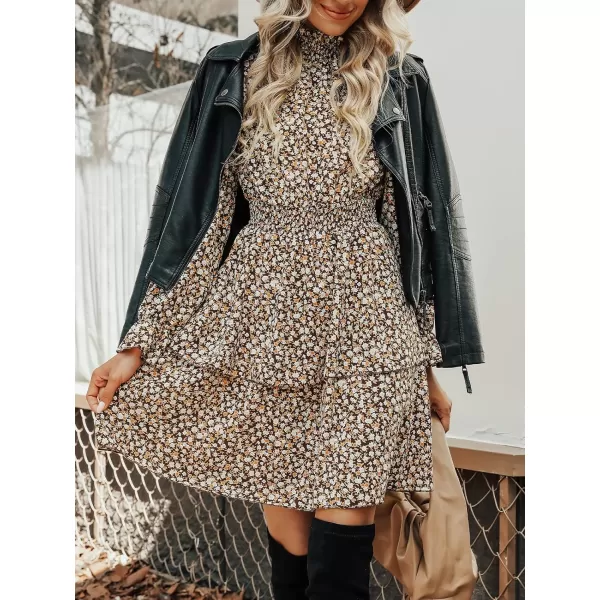 imageCUPSHE Womens Mock Neck Mini Dresses Ruffle Sleeves Fall Floral Print FlowyingBrown