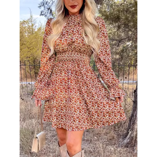 imageCUPSHE Womens Mock Neck Mini Dresses Ruffle Sleeves Fall Floral Print FlowyingOrange Floral