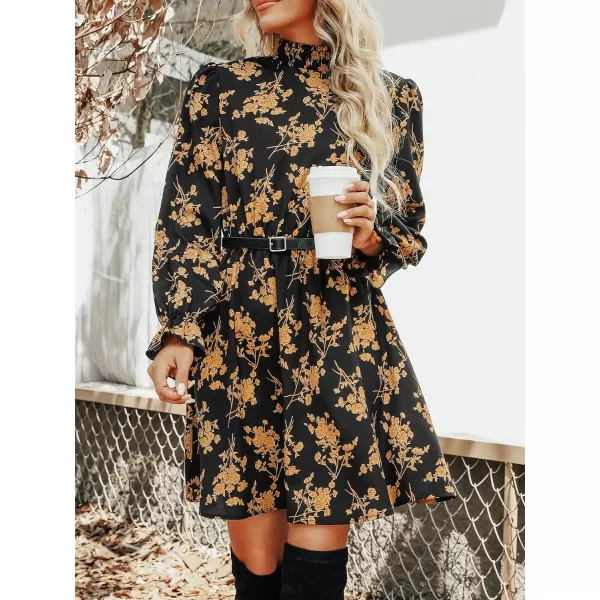 imageCUPSHE Womens Mock Neck Mini Dresses Ruffle Sleeves Fall Floral Print FlowyingYellow