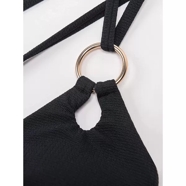 imageCUPSHE Womens O Ring Criss Cross One Piece Swimsuit V Neck Padded Bathing SuitBlack