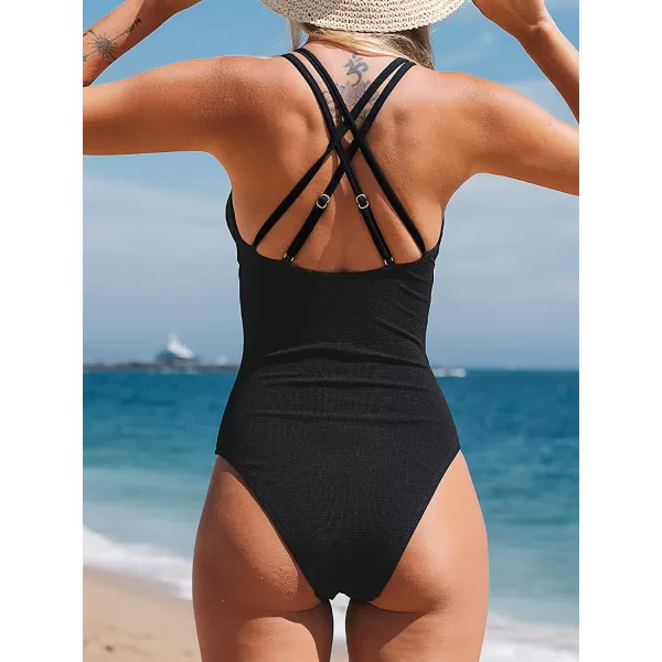 imageCUPSHE Womens O Ring Criss Cross One Piece Swimsuit V Neck Padded Bathing SuitBlack
