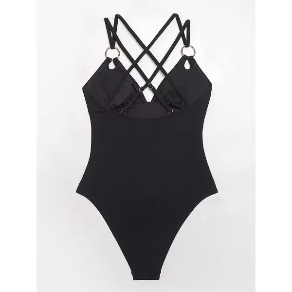 imageCUPSHE Womens O Ring Criss Cross One Piece Swimsuit V Neck Padded Bathing SuitBlack