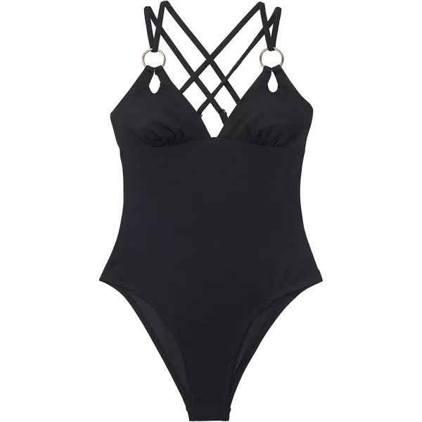 imageCUPSHE Womens O Ring Criss Cross One Piece Swimsuit V Neck Padded Bathing SuitBlack