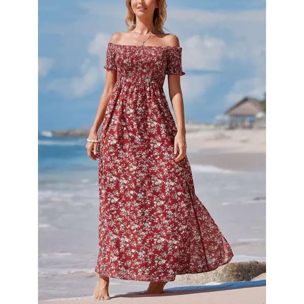 imageCUPSHE Womens Off Shoulder Dress Short Sleeve with Ruffle Cuff Dresses Smocked Bodice Maxi Dress Slit HemRed