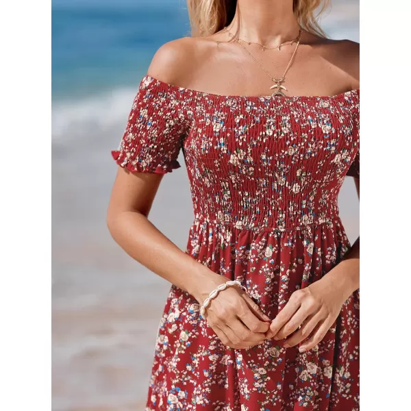 imageCUPSHE Womens Off Shoulder Dress Short Sleeve with Ruffle Cuff Dresses Smocked Bodice Maxi Dress Slit HemRed