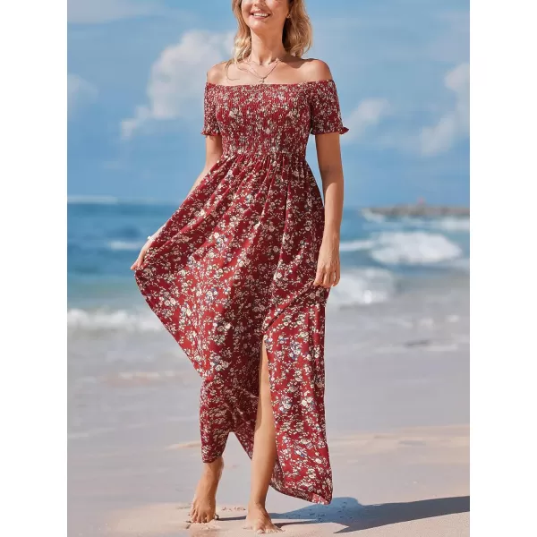 imageCUPSHE Womens Off Shoulder Dress Short Sleeve with Ruffle Cuff Dresses Smocked Bodice Maxi Dress Slit HemRed