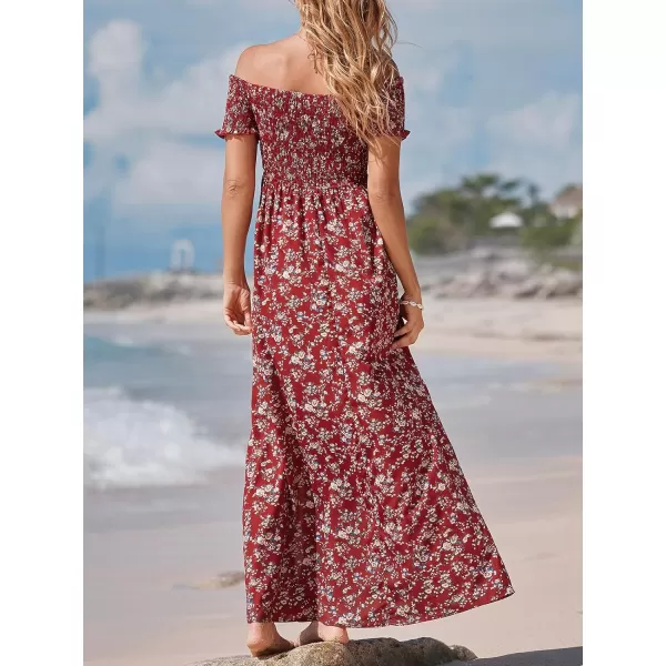 imageCUPSHE Womens Off Shoulder Dress Short Sleeve with Ruffle Cuff Dresses Smocked Bodice Maxi Dress Slit HemRed