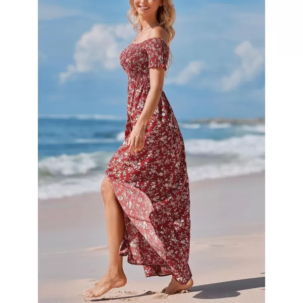 imageCUPSHE Womens Off Shoulder Dress Short Sleeve with Ruffle Cuff Dresses Smocked Bodice Maxi Dress Slit HemRed