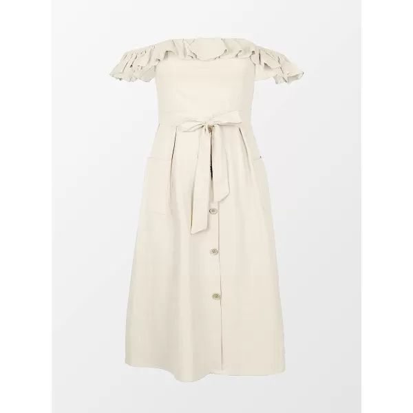 imageCUPSHE Womens Off Shoulder Tie Waist Ruffle Smocking Tea Length A Shape DressApricot