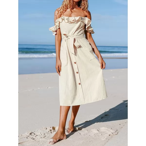 imageCUPSHE Womens Off Shoulder Tie Waist Ruffle Smocking Tea Length A Shape DressApricot