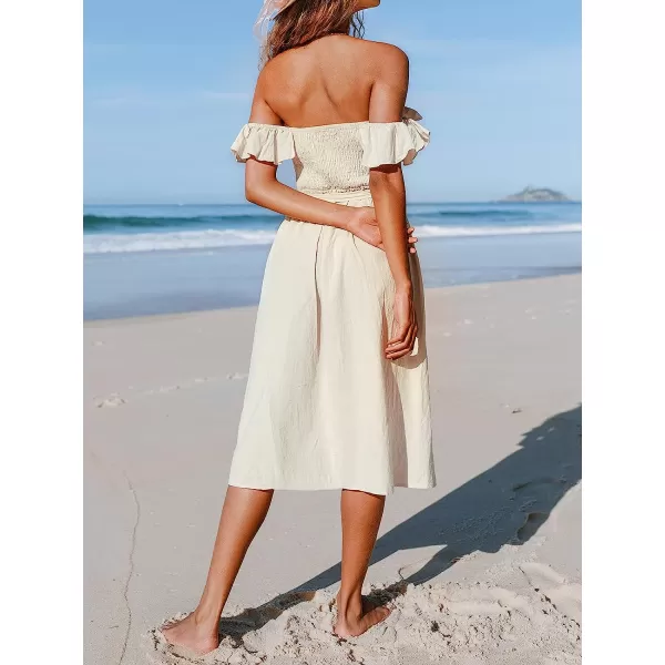 imageCUPSHE Womens Off Shoulder Tie Waist Ruffle Smocking Tea Length A Shape DressApricot