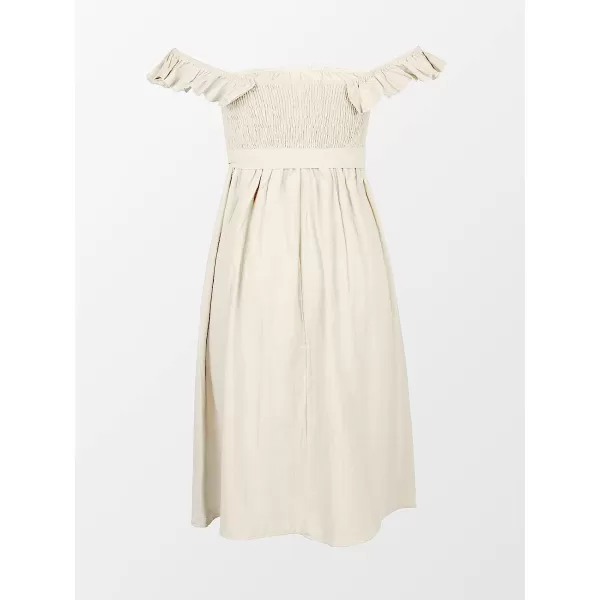 imageCUPSHE Womens Off Shoulder Tie Waist Ruffle Smocking Tea Length A Shape DressApricot
