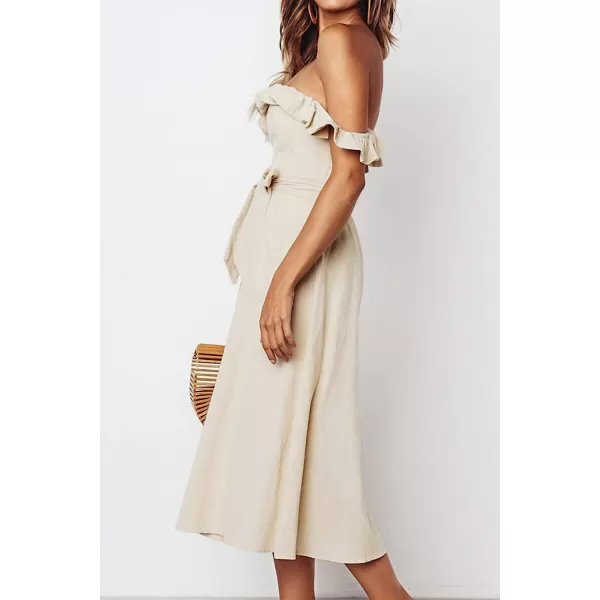imageCUPSHE Womens Off Shoulder Tie Waist Ruffle Smocking Tea Length A Shape DressApricot