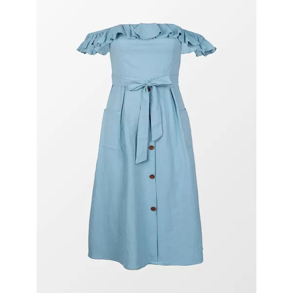 imageCUPSHE Womens Off Shoulder Tie Waist Ruffle Smocking Tea Length A Shape DressBlue