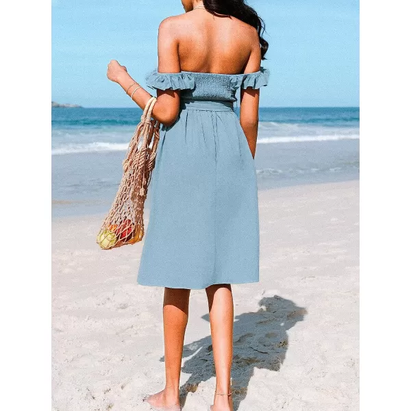 imageCUPSHE Womens Off Shoulder Tie Waist Ruffle Smocking Tea Length A Shape DressBlue