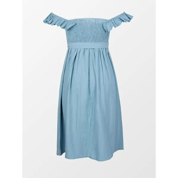 imageCUPSHE Womens Off Shoulder Tie Waist Ruffle Smocking Tea Length A Shape DressBlue
