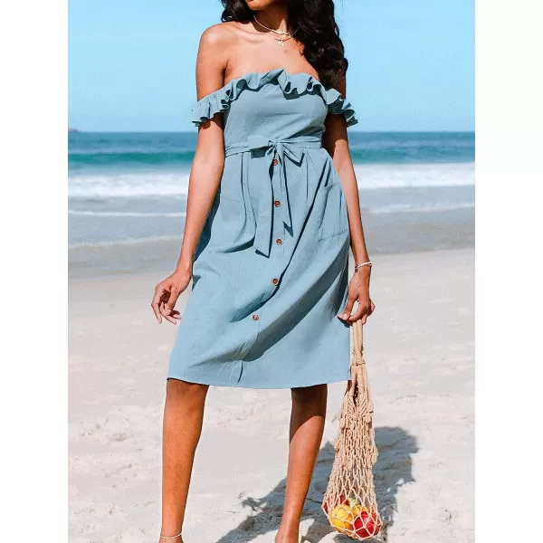 imageCUPSHE Womens Off Shoulder Tie Waist Ruffle Smocking Tea Length A Shape DressBlue