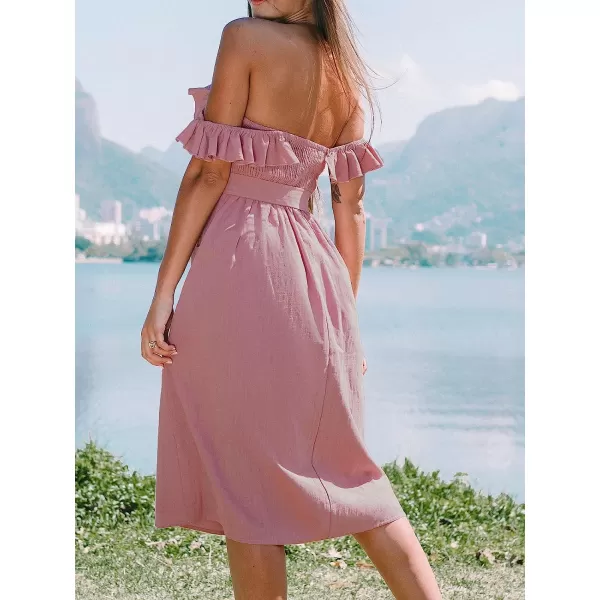 imageCUPSHE Womens Off Shoulder Tie Waist Ruffle Smocking Tea Length A Shape DressDust Pink
