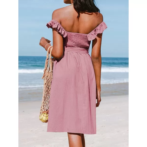 imageCUPSHE Womens Off Shoulder Tie Waist Ruffle Smocking Tea Length A Shape DressDust Pink