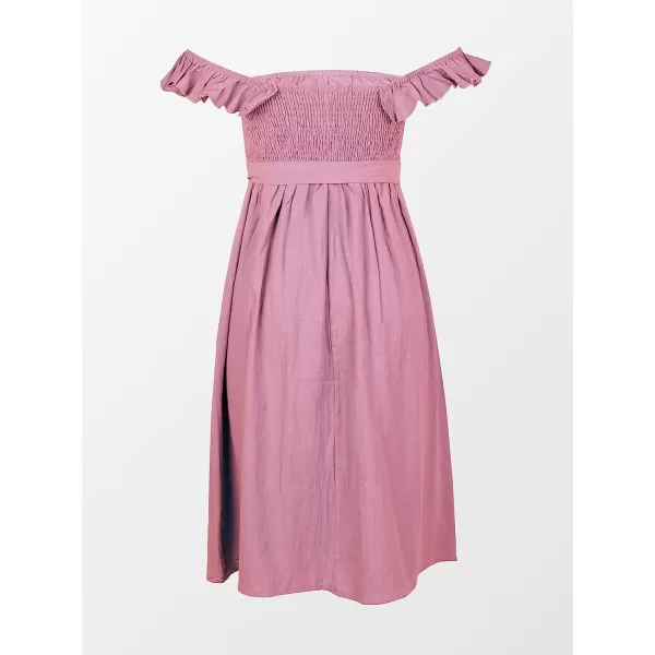 imageCUPSHE Womens Off Shoulder Tie Waist Ruffle Smocking Tea Length A Shape DressDust Pink