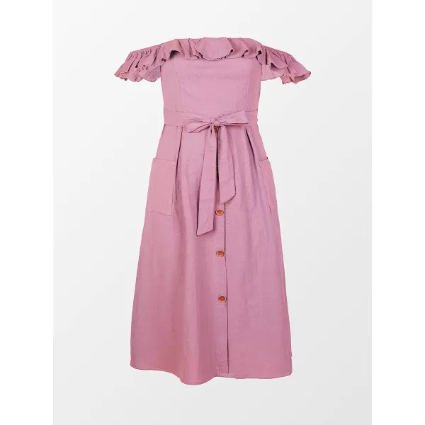 imageCUPSHE Womens Off Shoulder Tie Waist Ruffle Smocking Tea Length A Shape DressDust Pink