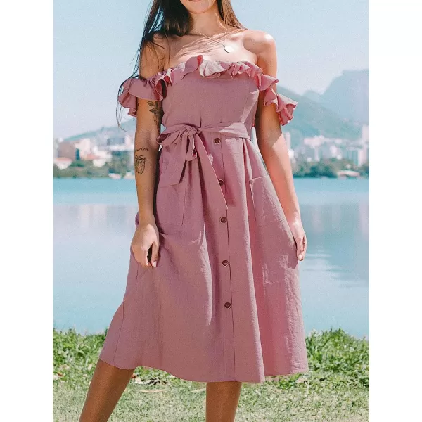 imageCUPSHE Womens Off Shoulder Tie Waist Ruffle Smocking Tea Length A Shape DressDust Pink
