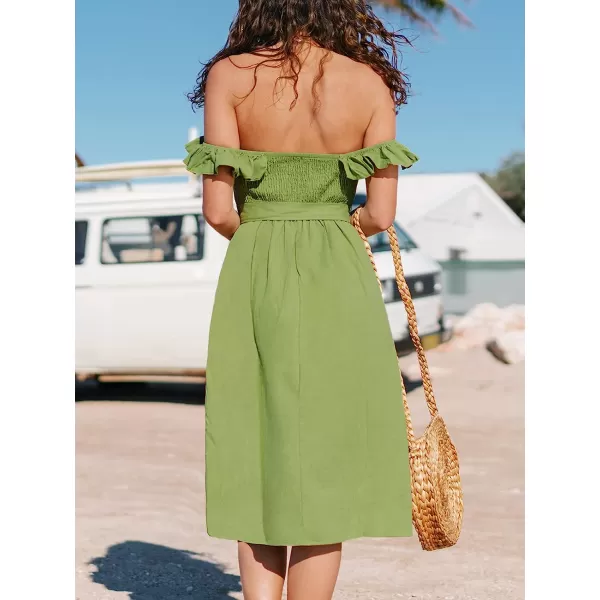 imageCUPSHE Womens Off Shoulder Tie Waist Ruffle Smocking Tea Length A Shape DressGreen