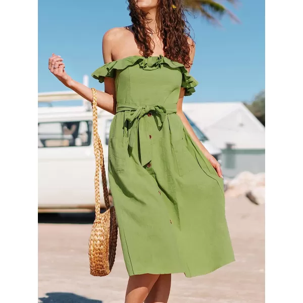 imageCUPSHE Womens Off Shoulder Tie Waist Ruffle Smocking Tea Length A Shape DressGreen