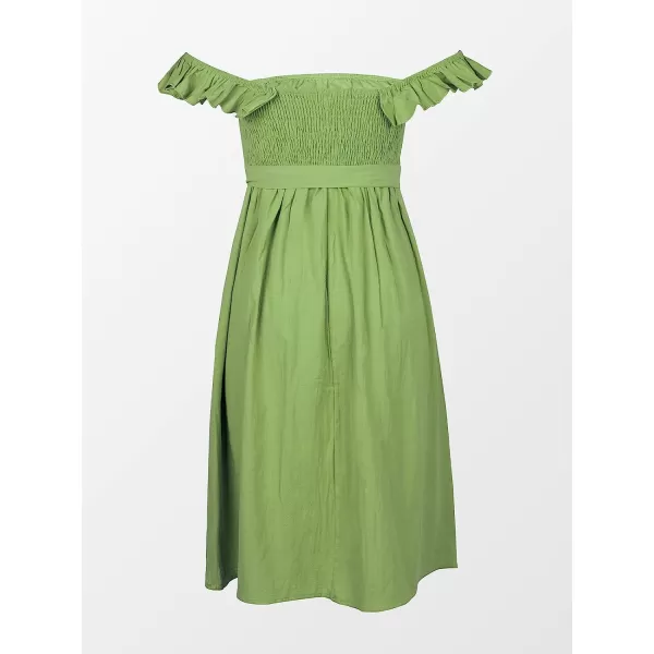 imageCUPSHE Womens Off Shoulder Tie Waist Ruffle Smocking Tea Length A Shape DressGreen