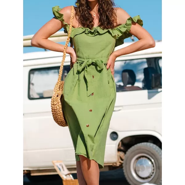 imageCUPSHE Womens Off Shoulder Tie Waist Ruffle Smocking Tea Length A Shape DressGreen
