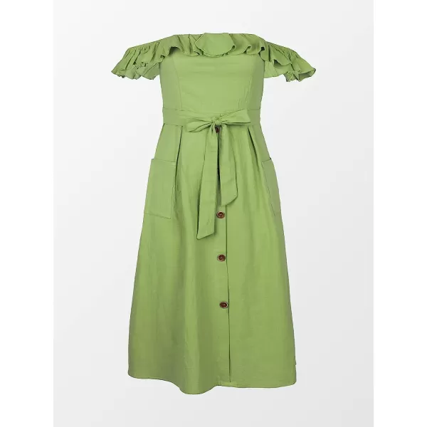 imageCUPSHE Womens Off Shoulder Tie Waist Ruffle Smocking Tea Length A Shape DressGreen