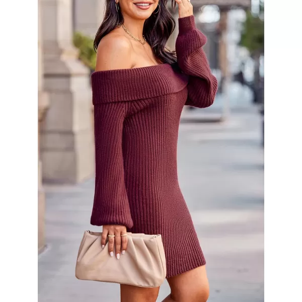 imageCUPSHE Womens Off The Shoulder Long Sleeve Casual Sweater Dress Knit Bodycon Warm Pullover Sweater DressBurgundy
