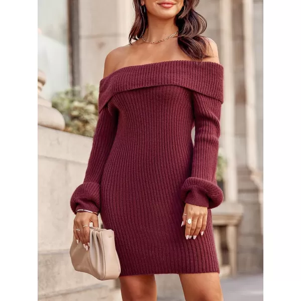 imageCUPSHE Womens Off The Shoulder Long Sleeve Casual Sweater Dress Knit Bodycon Warm Pullover Sweater DressBurgundy