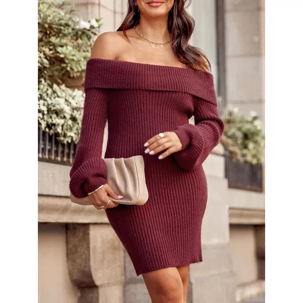 imageCUPSHE Womens Off The Shoulder Long Sleeve Casual Sweater Dress Knit Bodycon Warm Pullover Sweater DressBurgundy