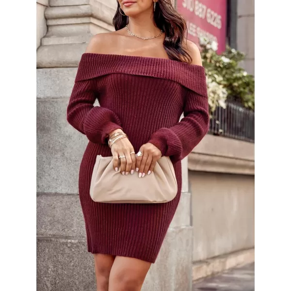imageCUPSHE Womens Off The Shoulder Long Sleeve Casual Sweater Dress Knit Bodycon Warm Pullover Sweater DressBurgundy