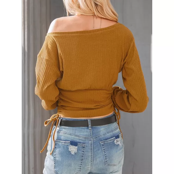 imageCUPSHE Womens Off The Shoulder Ruched Sweater Long Sleeves Side Tie Pullover with Drawstring DesignBrown