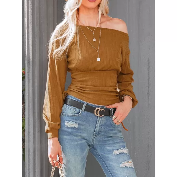 imageCUPSHE Womens Off The Shoulder Ruched Sweater Long Sleeves Side Tie Pullover with Drawstring DesignBrown