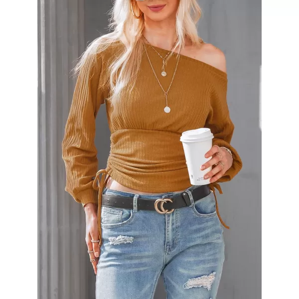 imageCUPSHE Womens Off The Shoulder Ruched Sweater Long Sleeves Side Tie Pullover with Drawstring DesignBrown