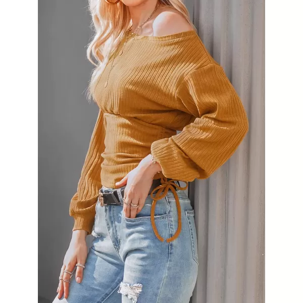 imageCUPSHE Womens Off The Shoulder Ruched Sweater Long Sleeves Side Tie Pullover with Drawstring DesignBrown