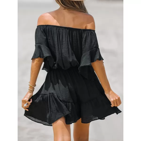 imageCUPSHE Womens Off The Shoulder Ruffled CoverUp Flare Sleeves Tie Waist Mini DressBlack