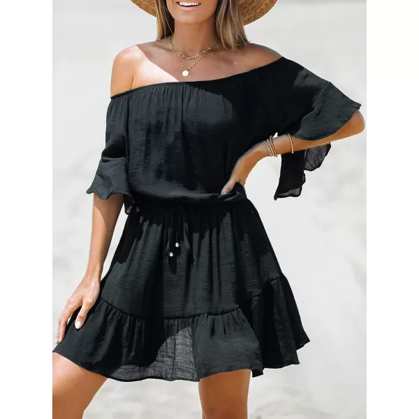 imageCUPSHE Womens Off The Shoulder Ruffled CoverUp Flare Sleeves Tie Waist Mini DressBlack