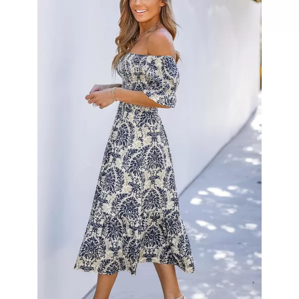 imageCUPSHE Womens Off The Shoulder Ruffled Short Sleeve Smocked Paisley Beach Midi DressNavy Paisley