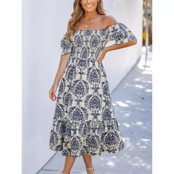 imageCUPSHE Womens Off The Shoulder Ruffled Short Sleeve Smocked Paisley Beach Midi DressNavy Paisley