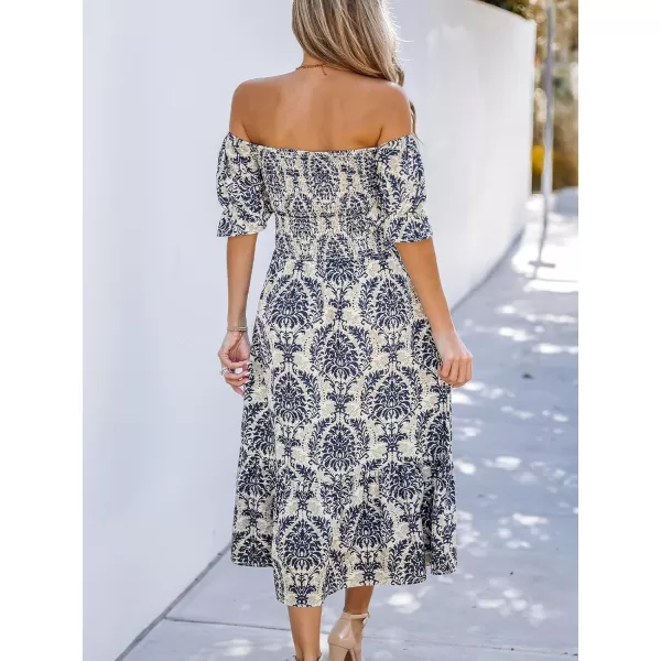 imageCUPSHE Womens Off The Shoulder Ruffled Short Sleeve Smocked Paisley Beach Midi DressNavy Paisley