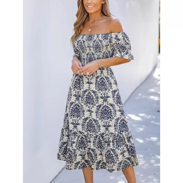 imageCUPSHE Womens Off The Shoulder Ruffled Short Sleeve Smocked Paisley Beach Midi DressNavy Paisley
