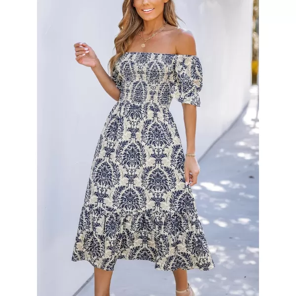 imageCUPSHE Womens Off The Shoulder Ruffled Short Sleeve Smocked Paisley Beach Midi DressNavy Paisley