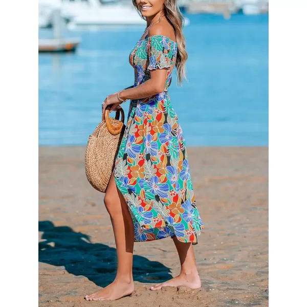 imageCUPSHE Womens Off The Shoulder Tropical Paisley Smocked Short Sleeve Ruffled Beach Summer Maxi DressBlue Floral
